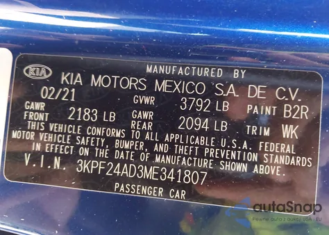 2021 Kia Forte Lxs from USA, damaged, VIN 3KPF24AD3ME341807